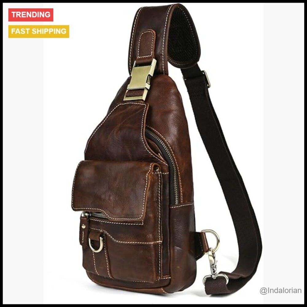 Genuine Leather Hiking Daypack Sling Crossbody Chest Bag Vintage Outdoor Travel